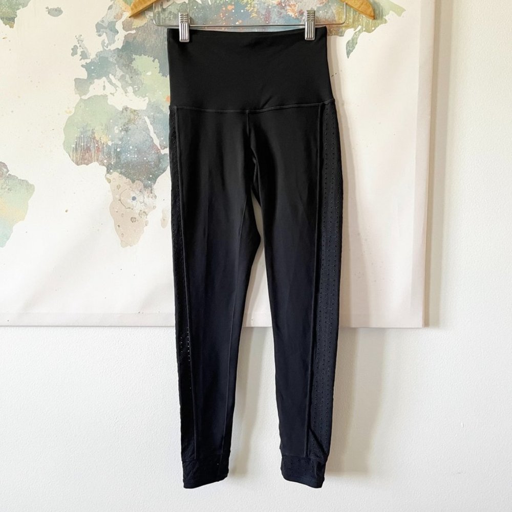 Prana Leggings‎ Black Eyelet Detail Pull On Waistband Pocket Mid Rise Size XS
